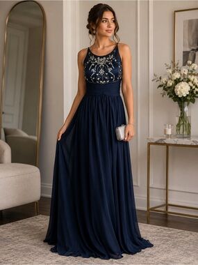 Sequin Hearts Beaded Empire Waist Prom Dress Dark Navy Blue hoco homecoming XS